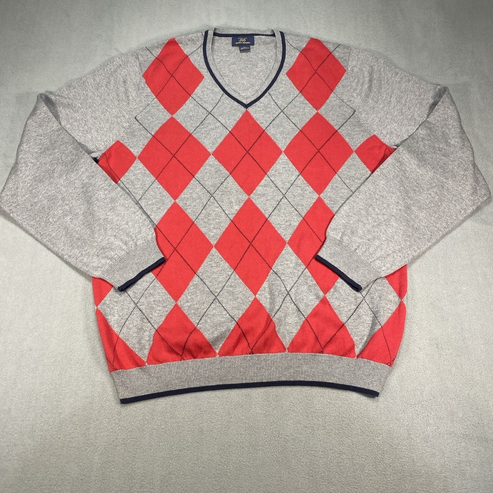Brooks Brothers Sweater Mens XL Gray Red Argyle Golf Cotton Preppy Pullover